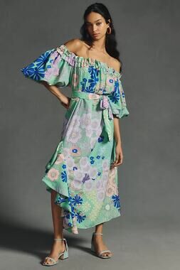 Anthropologie Oopscool Off Shoulder Dress Green Floral Small Petite New Mod